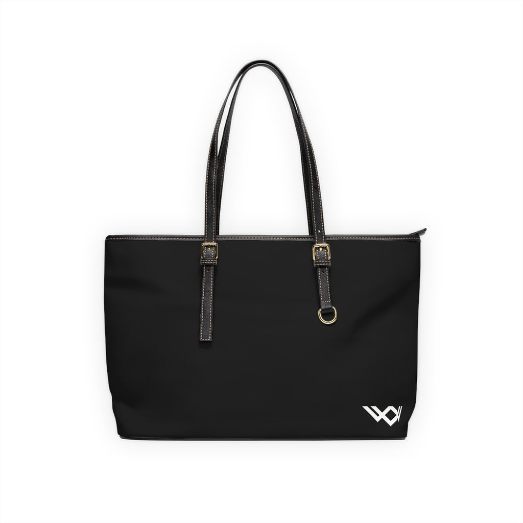 PU Leather Shoulder Bag — Black Tote with Minimal White Logo