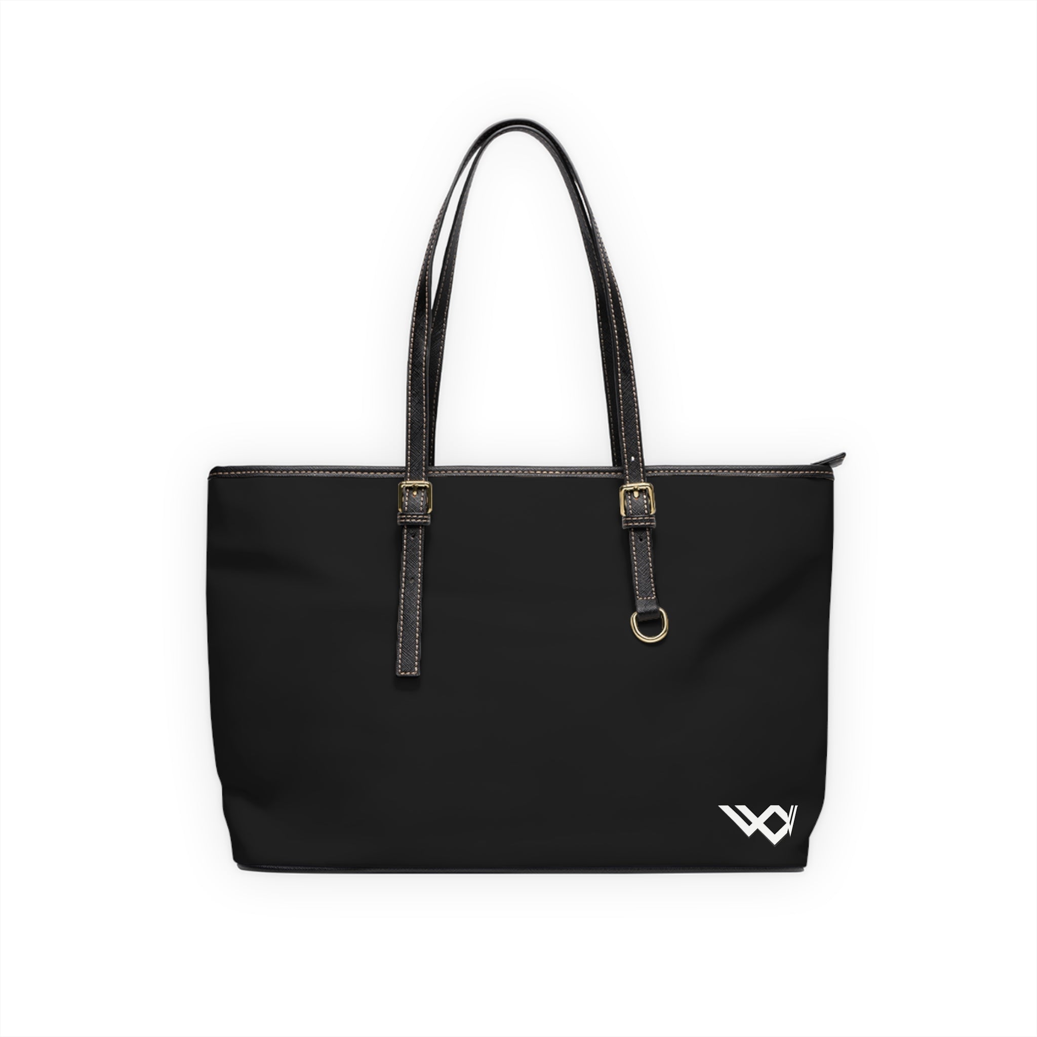 PU Leather Shoulder Bag — Black Tote with Minimal White Logo