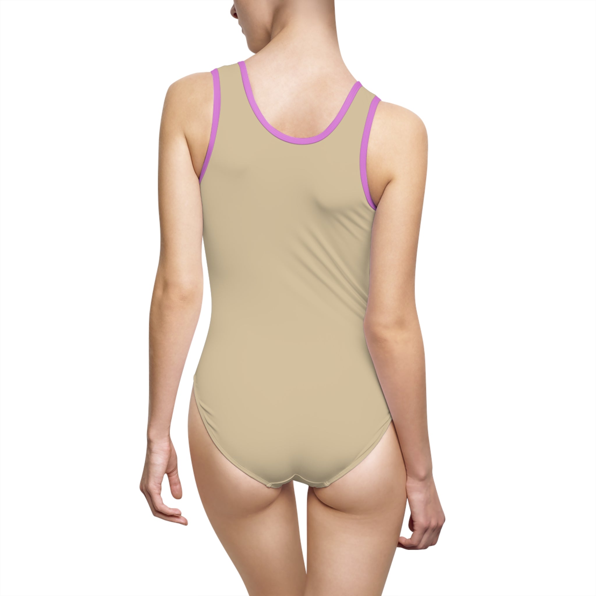 Women's sand Beige One-Piece Swimsuit — Minimalist Black Logo Athletic Swimwear