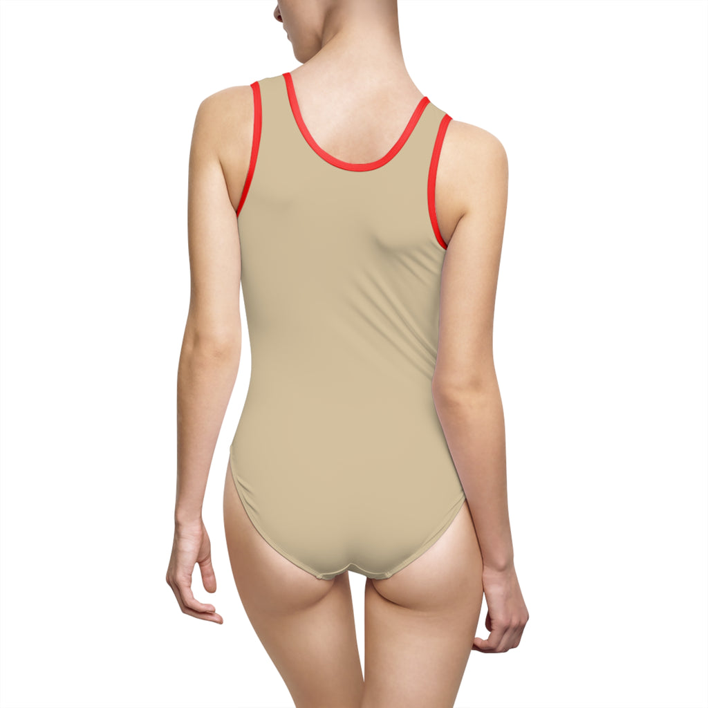 Women's sand Beige One-Piece Swimsuit — Minimalist Black Logo Athletic Swimwear