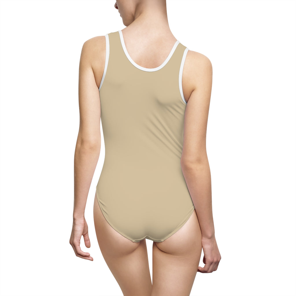 Women's sand Beige One-Piece Swimsuit — Minimalist Black Logo Athletic Swimwear