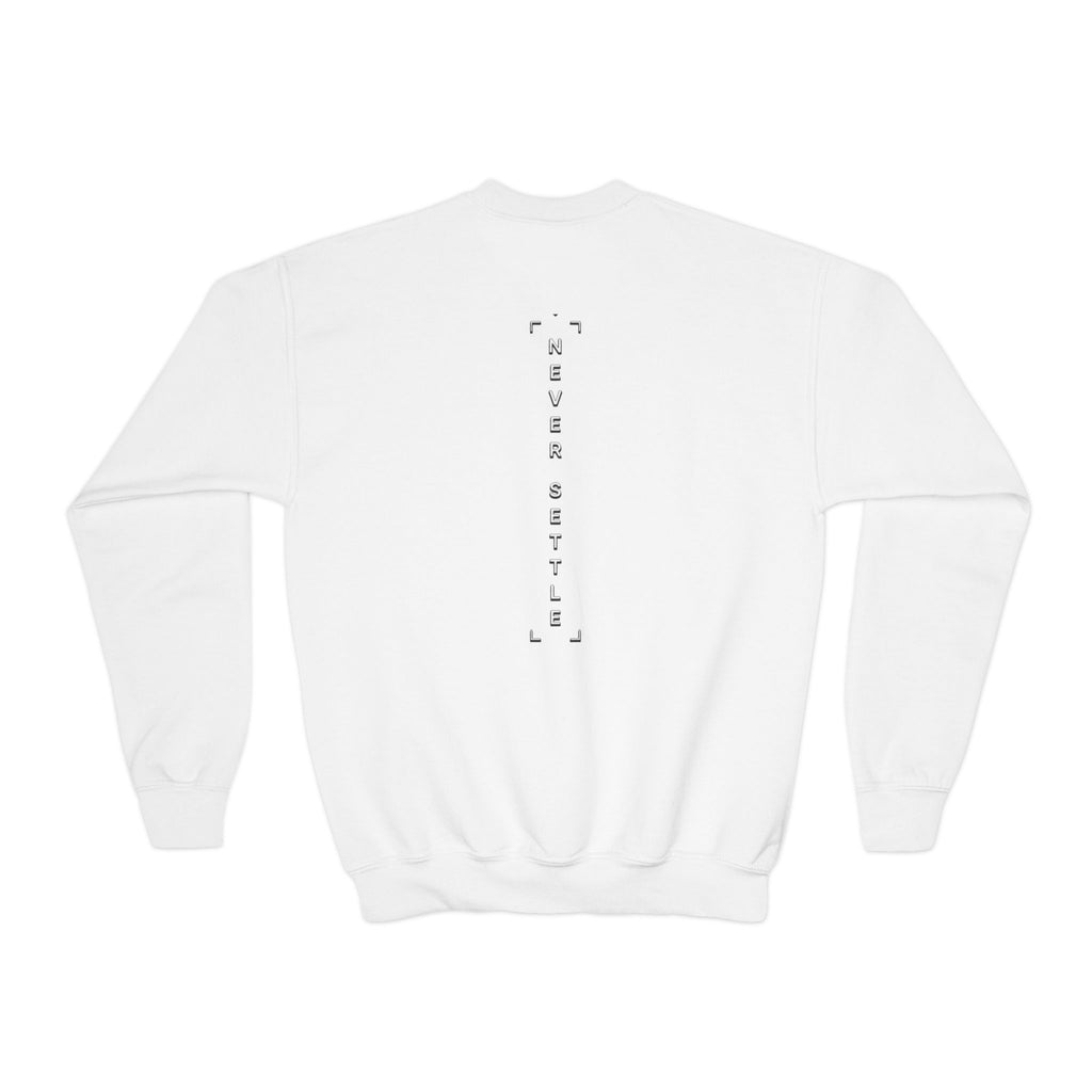 Youth Crewneck Sweatshirt — 'Never Settle' Graphic Sweatshirt