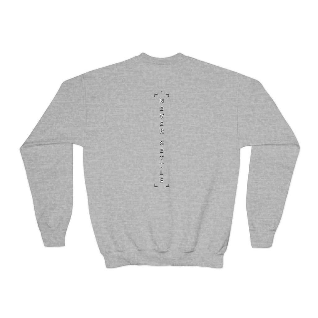 Youth Crewneck Sweatshirt — 'Never Settle' Graphic Sweatshirt