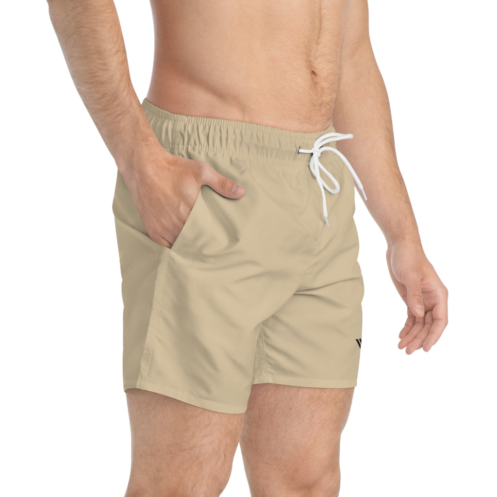 Sand Beige Swim Trunks — Minimal Logo Men’s Swim Shorts