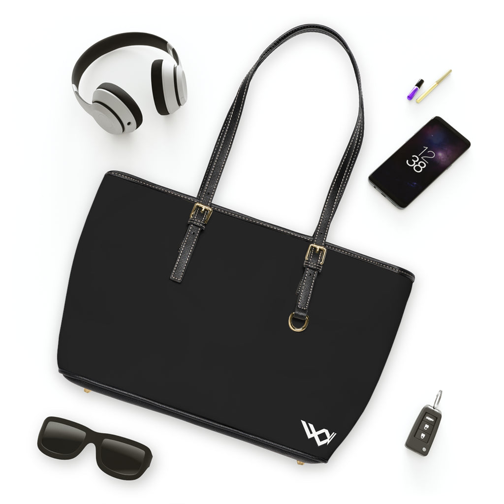 PU Leather Shoulder Bag — Black Tote with Minimal White Logo