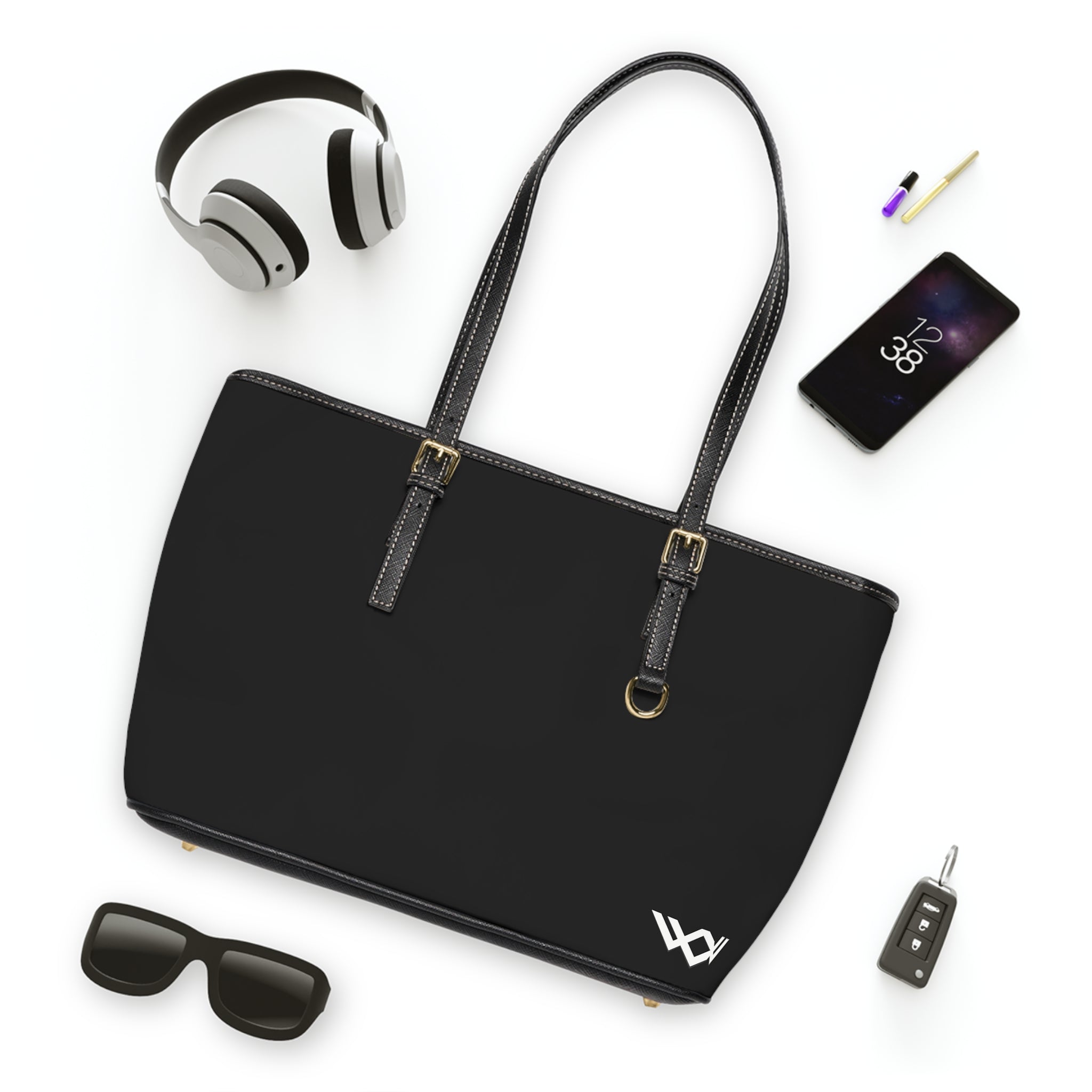 PU Leather Shoulder Bag — Black Tote with Minimal White Logo
