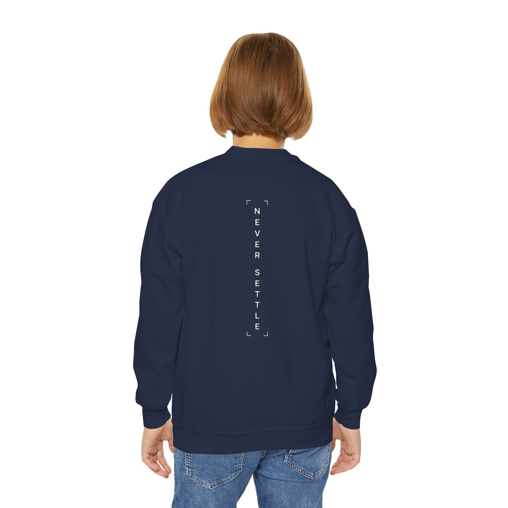 Youth Crewneck Sweatshirt — 'Never Settle' Graphic Sweatshirt