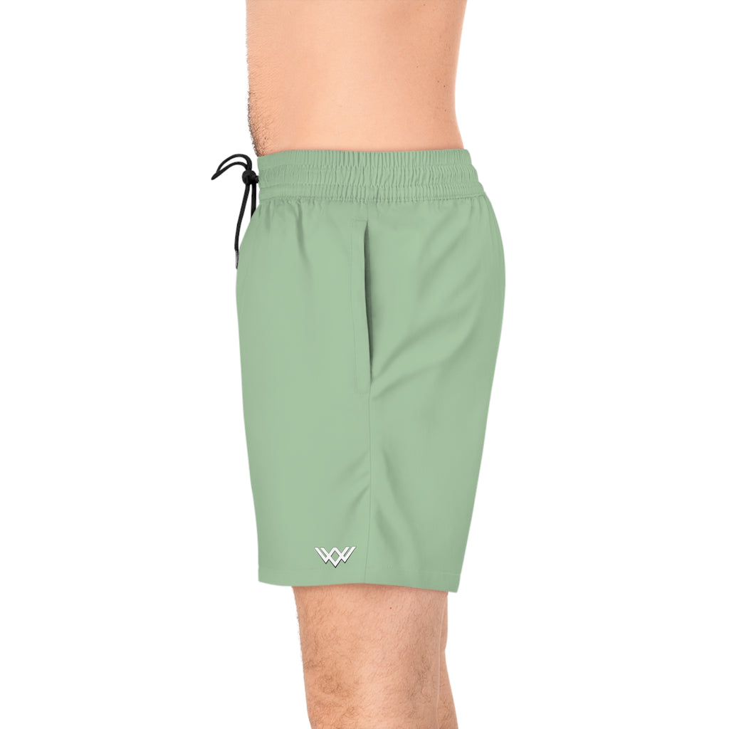 Sage Green Mid-Length Swim Shorts — Quick-Dry Beach Trunks