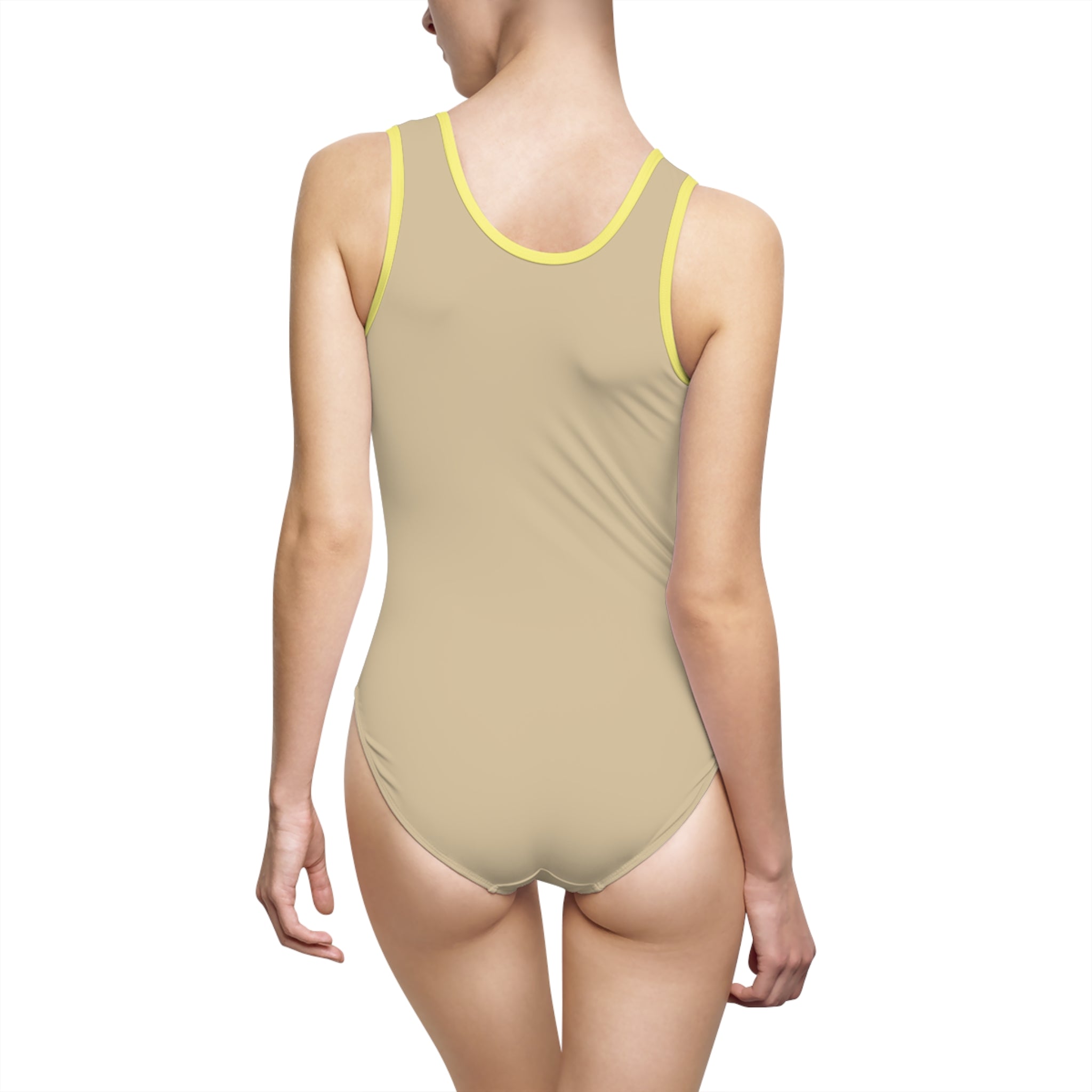 Women's sand Beige One-Piece Swimsuit — Minimalist Black Logo Athletic Swimwear