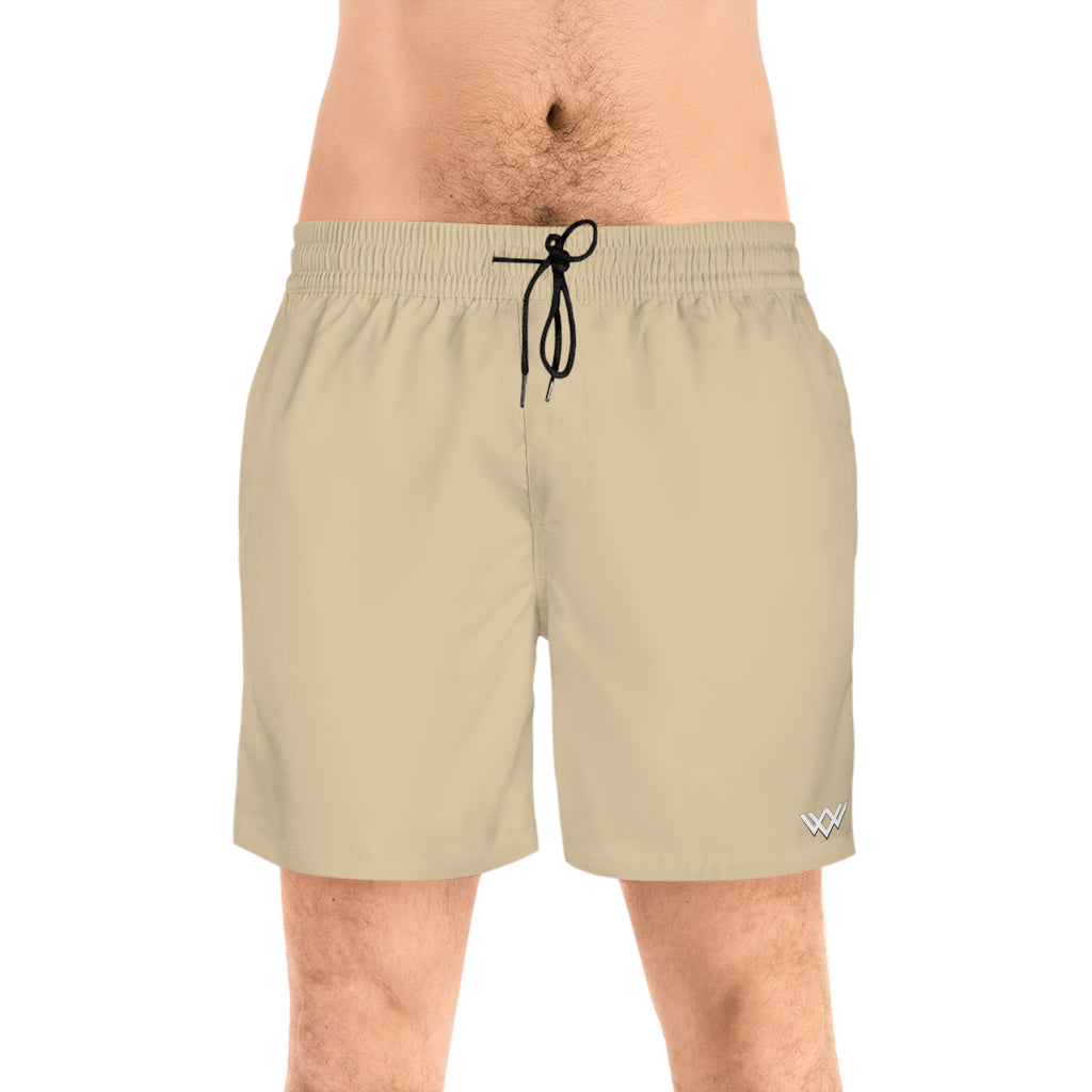 Sand Beige Mid-Length Swim Shorts — Quick-Dry Beach Trunks