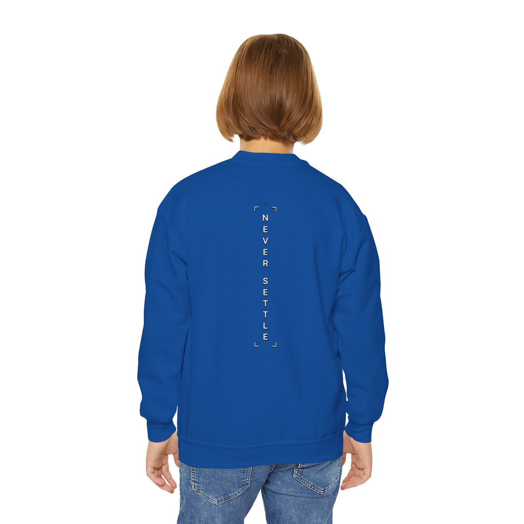 Youth Crewneck Sweatshirt — 'Never Settle' Graphic Sweatshirt