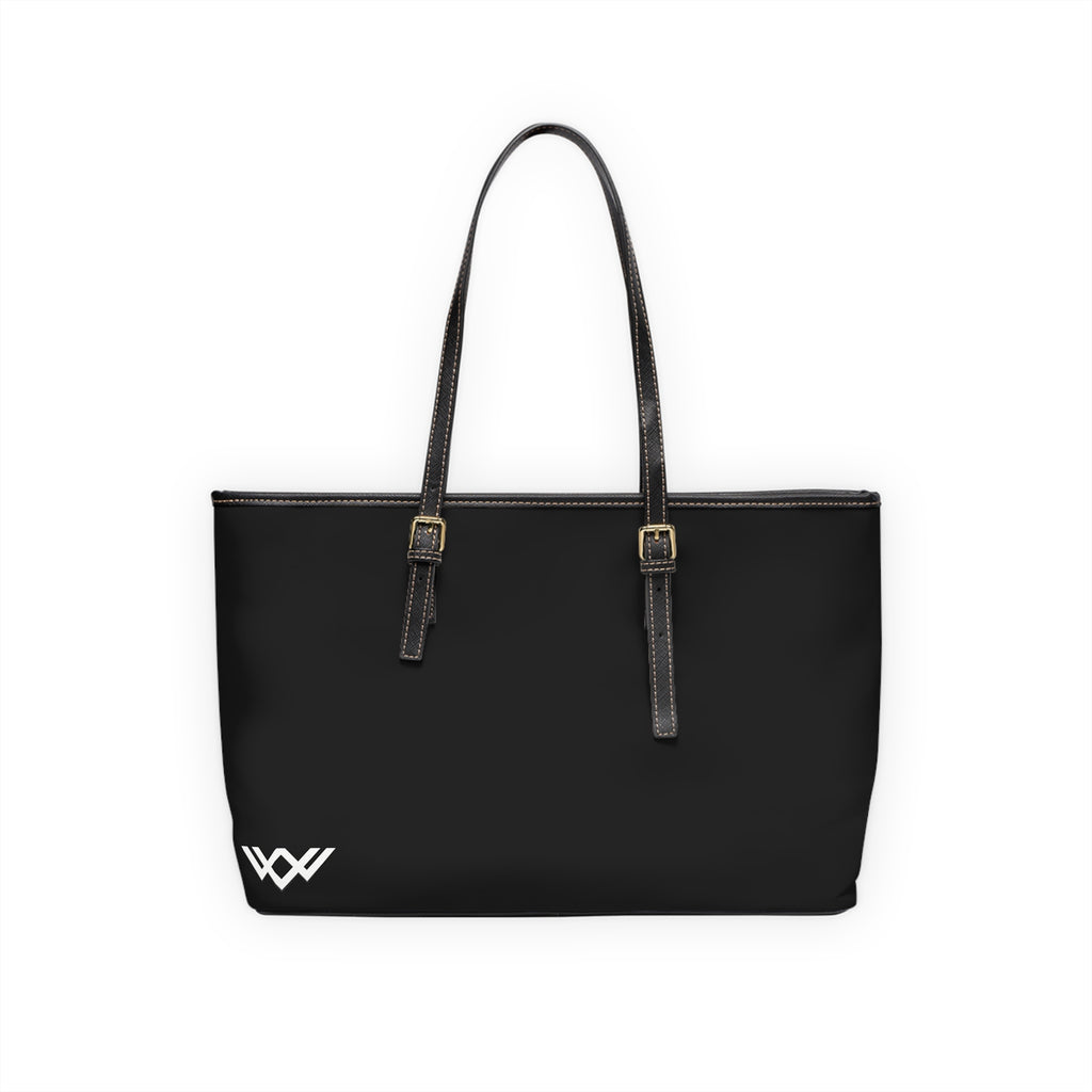 PU Leather Shoulder Bag — Black Tote with Minimal White Logo