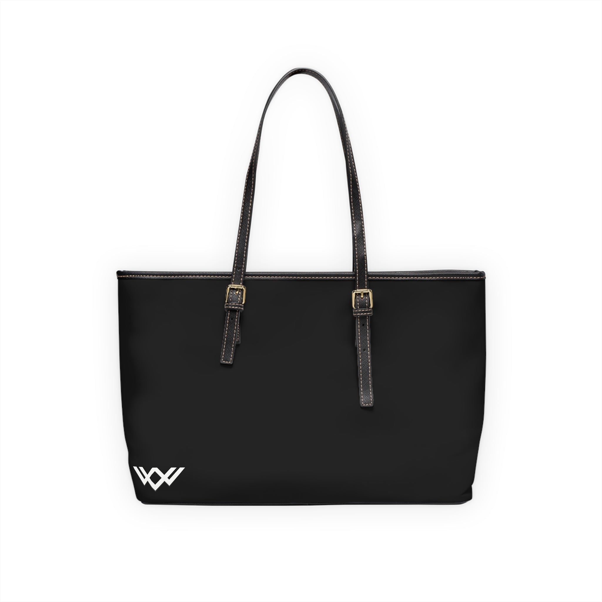 PU Leather Shoulder Bag — Black Tote with Minimal White Logo