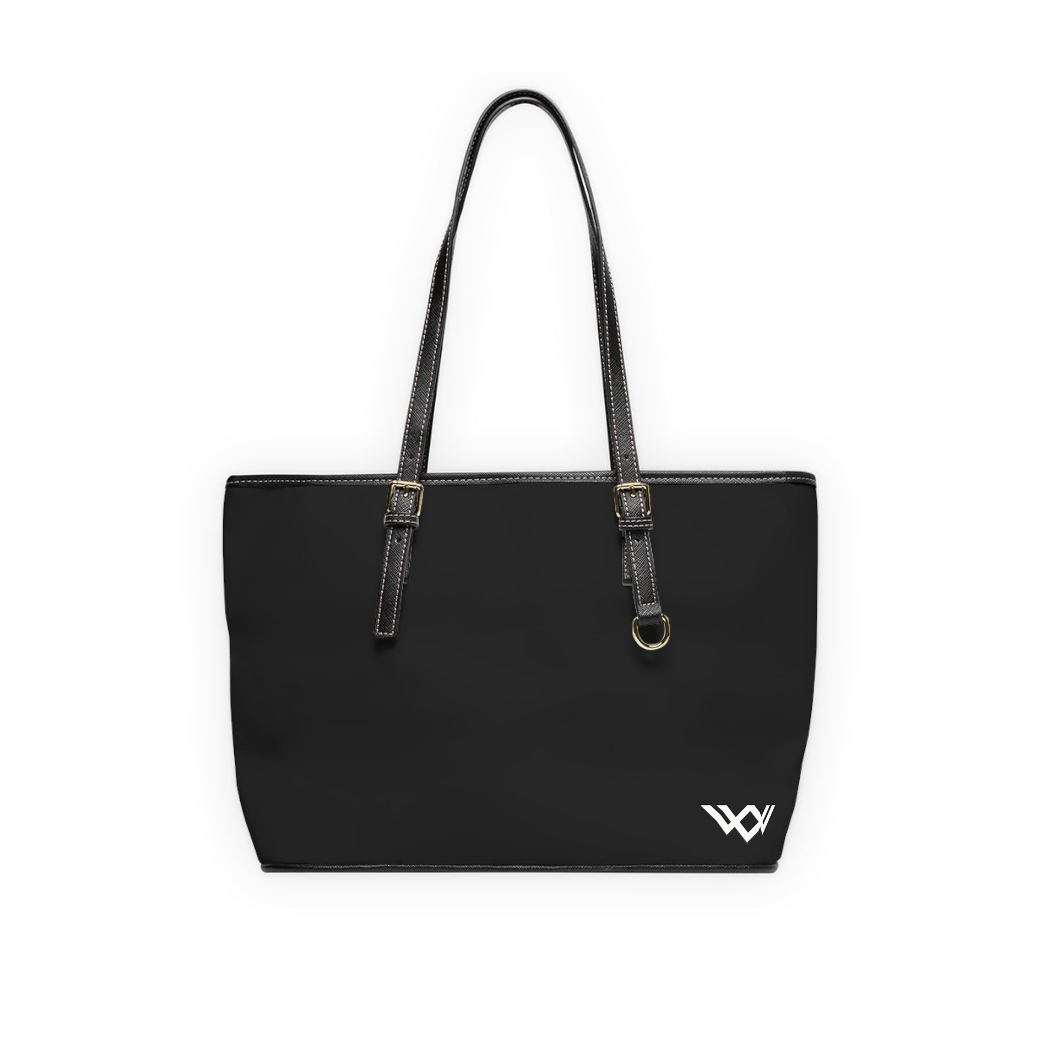 PU Leather Shoulder Bag — Black Tote with Minimal White Logo