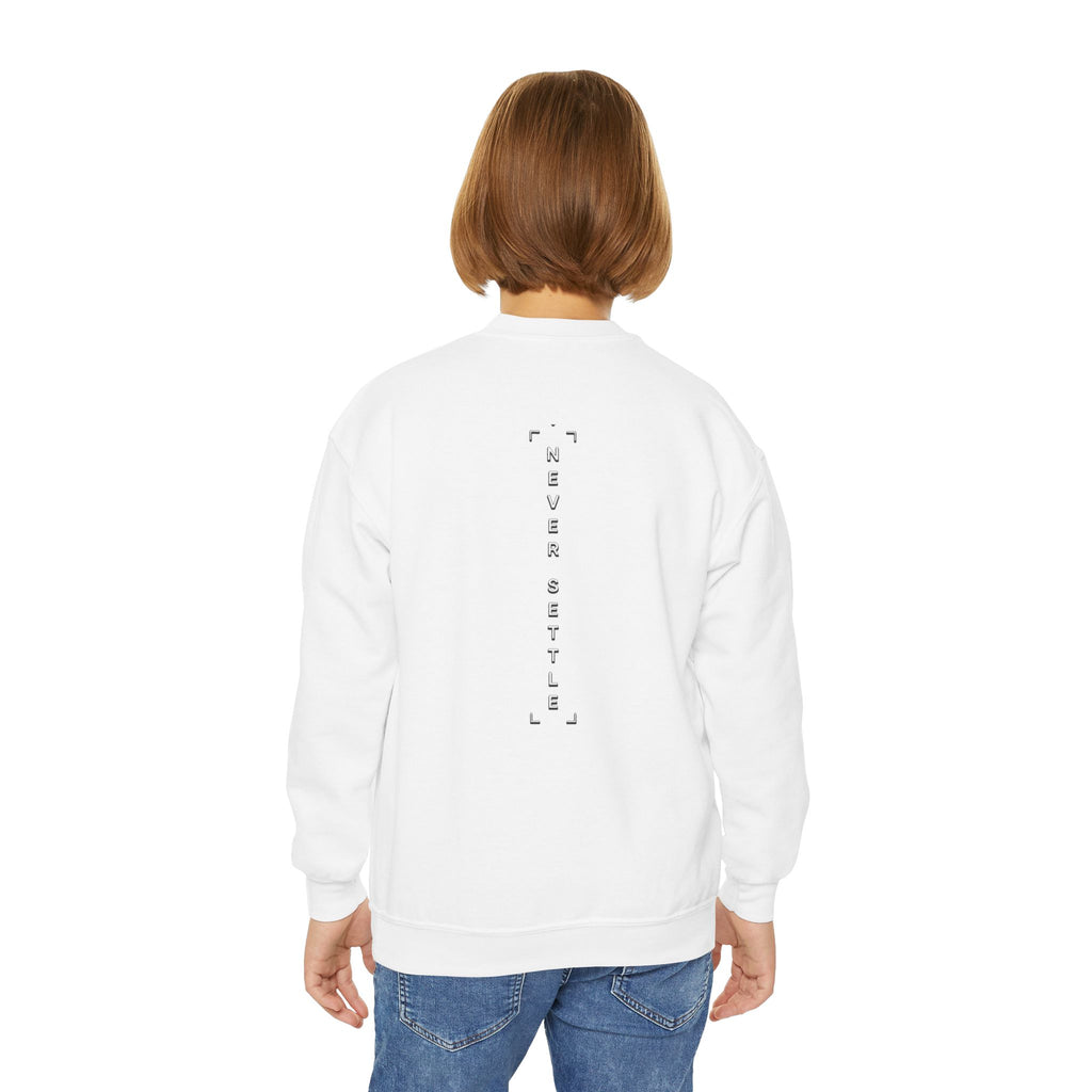 Youth Crewneck Sweatshirt — 'Never Settle' Graphic Sweatshirt