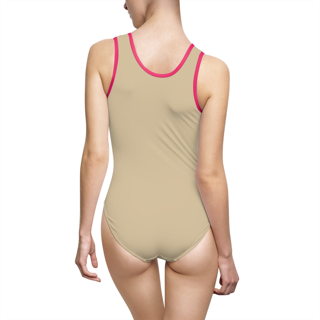 Women's sand Beige One-Piece Swimsuit — Minimalist Black Logo Athletic Swimwear
