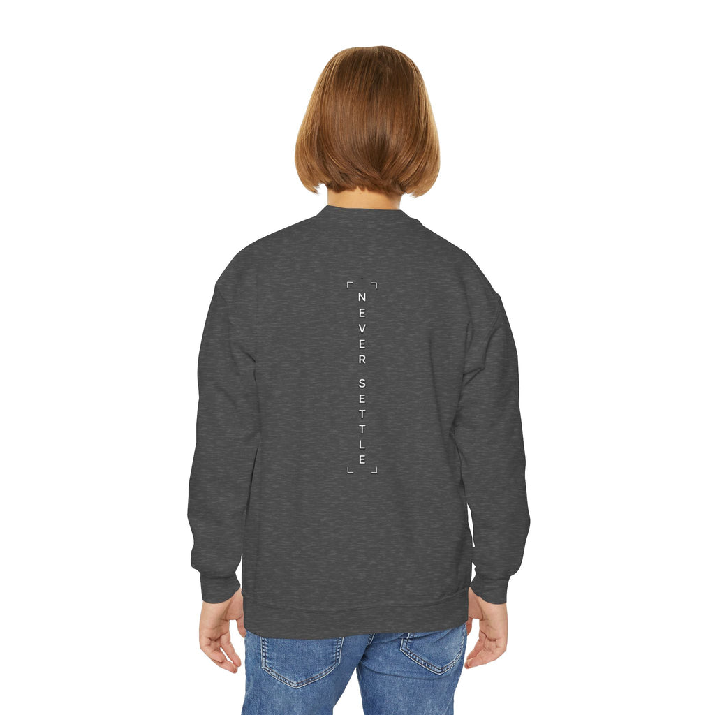 Youth Crewneck Sweatshirt — 'Never Settle' Graphic Sweatshirt