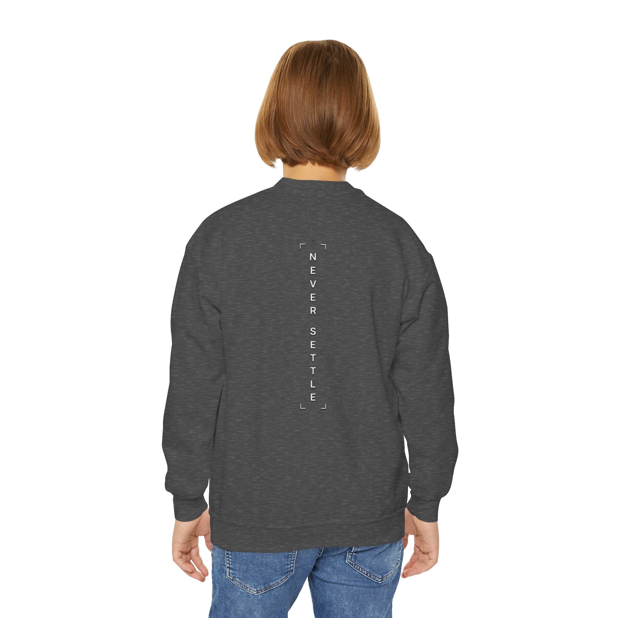 Youth Crewneck Sweatshirt — 'Never Settle' Graphic Sweatshirt