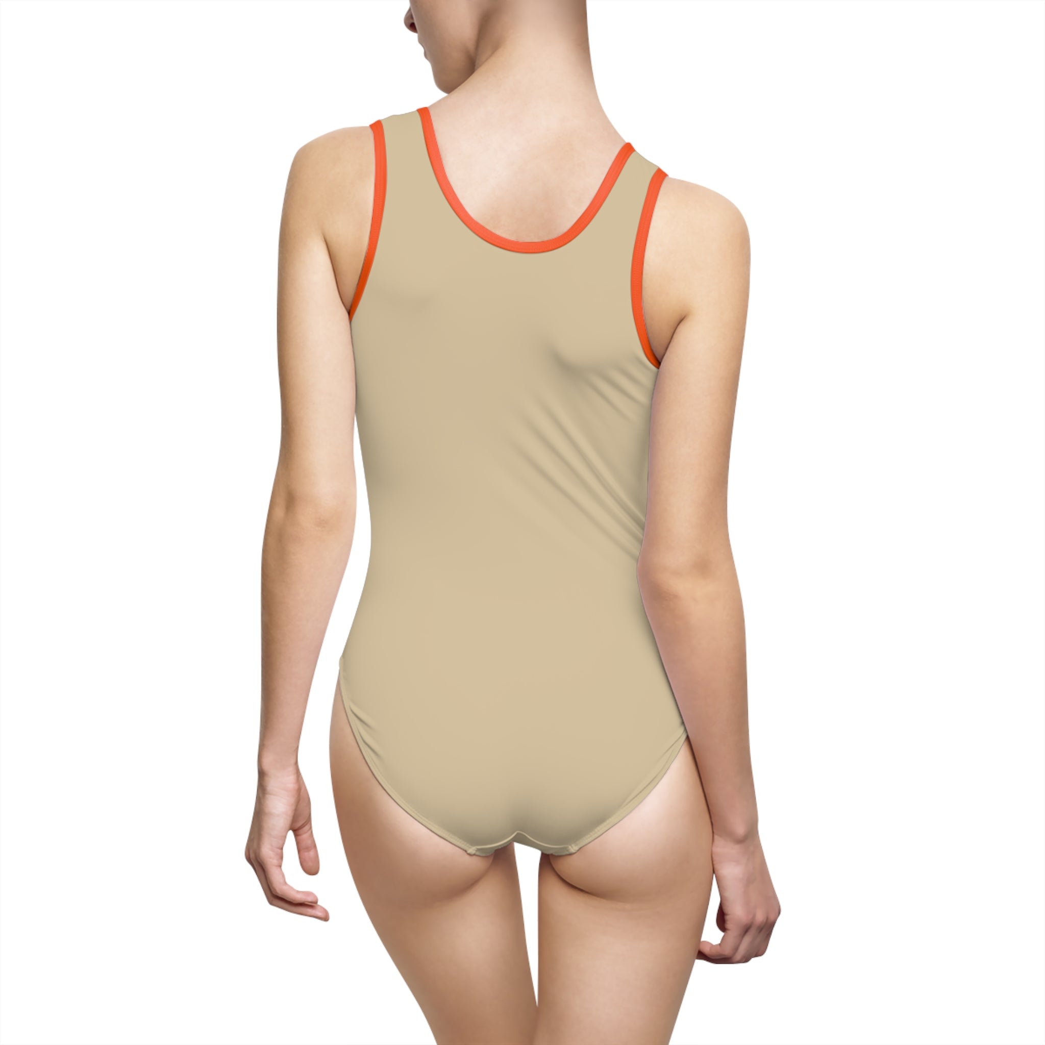 Women's sand Beige One-Piece Swimsuit — Minimalist Black Logo Athletic Swimwear