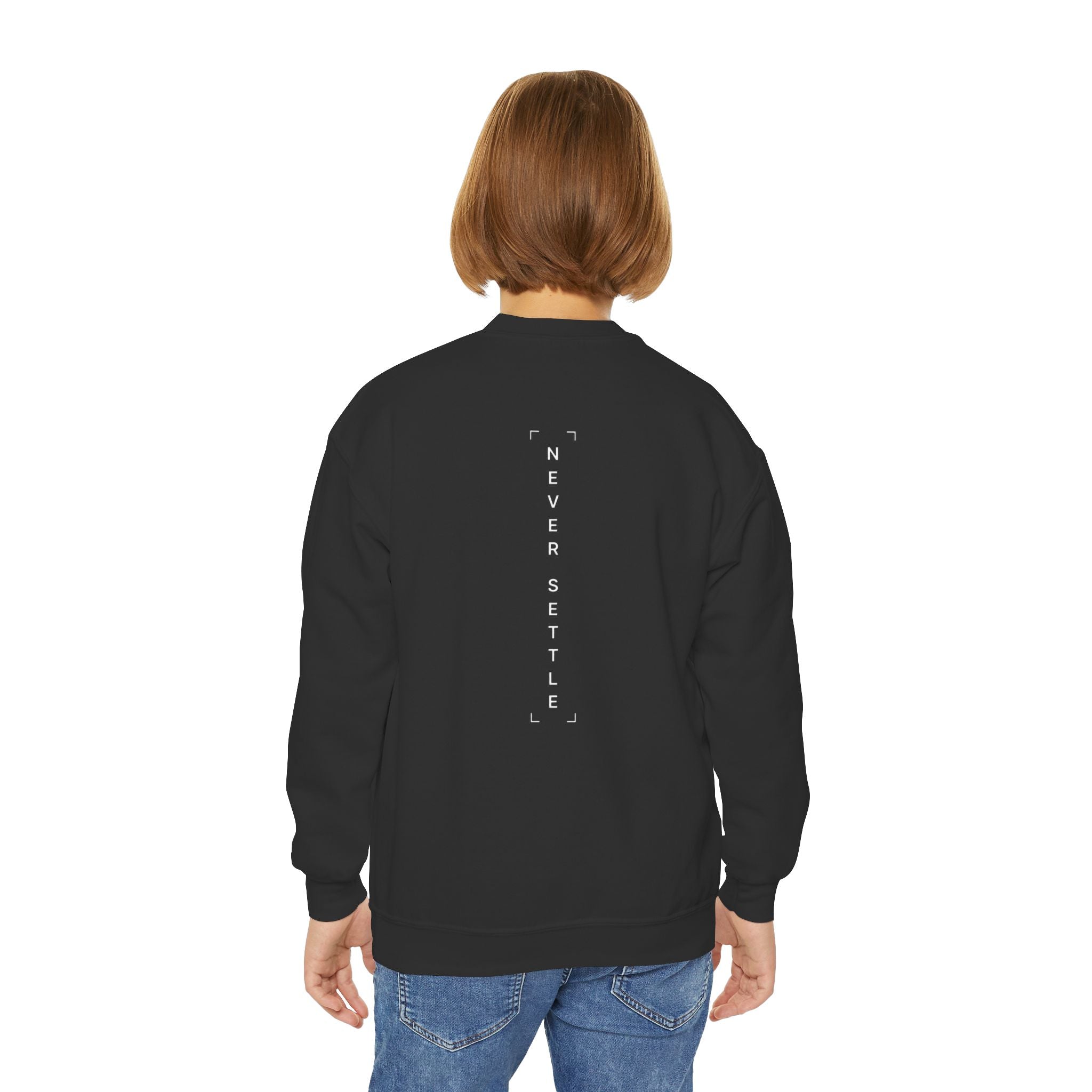 Youth Crewneck Sweatshirt — 'Never Settle' Graphic Sweatshirt