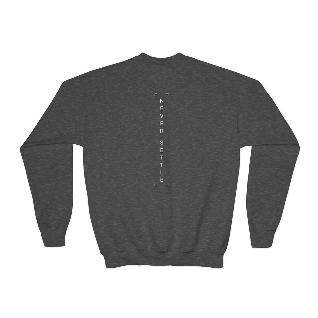 Youth Crewneck Sweatshirt — 'Never Settle' Graphic Sweatshirt