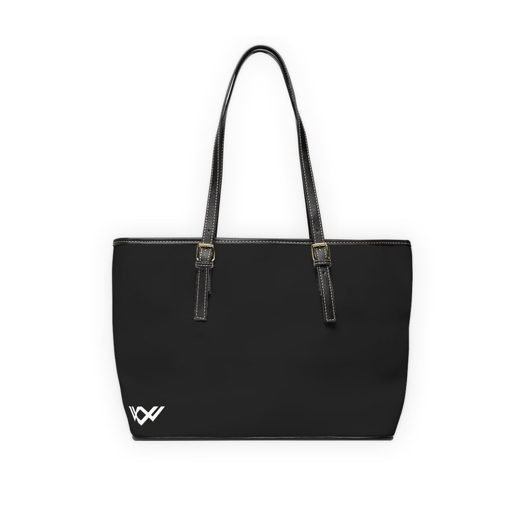 PU Leather Shoulder Bag — Black Tote with Minimal White Logo