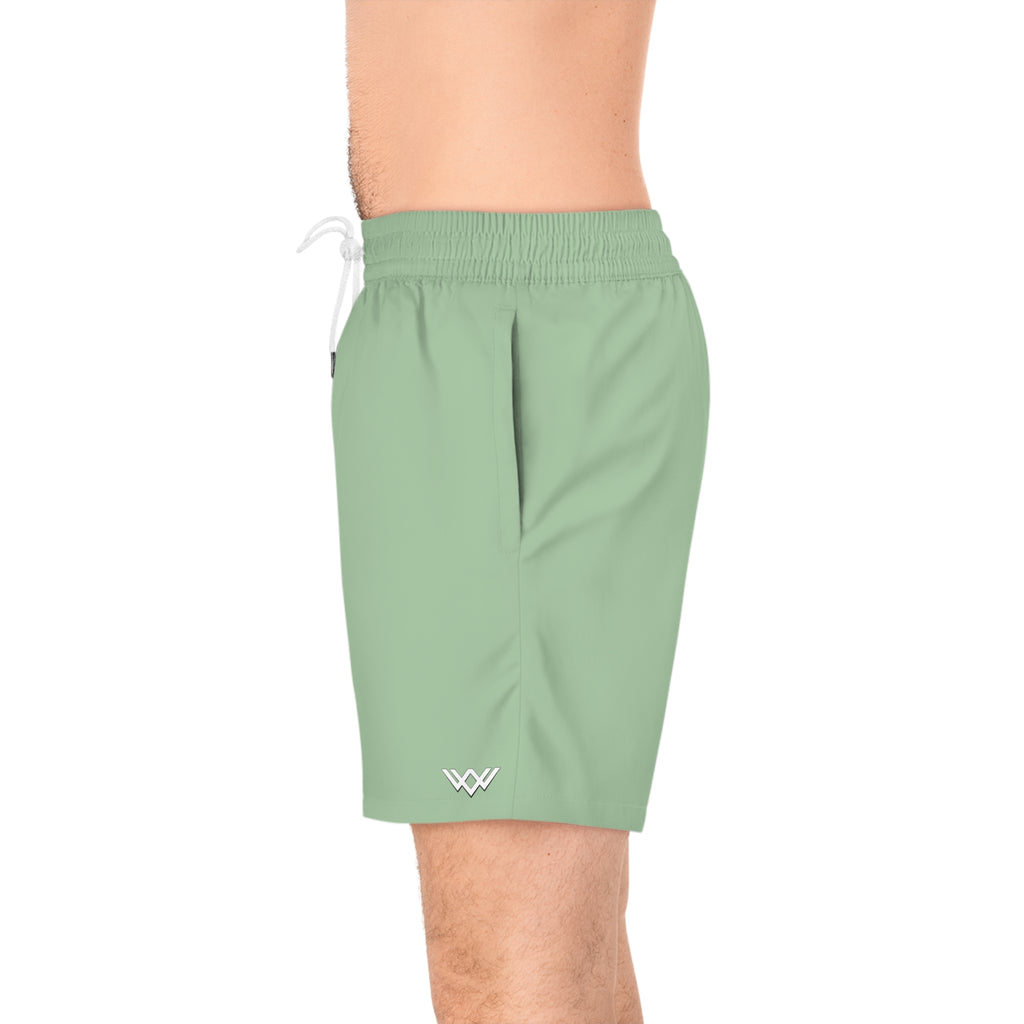 Sage Green Mid-Length Swim Shorts — Quick-Dry Beach Trunks