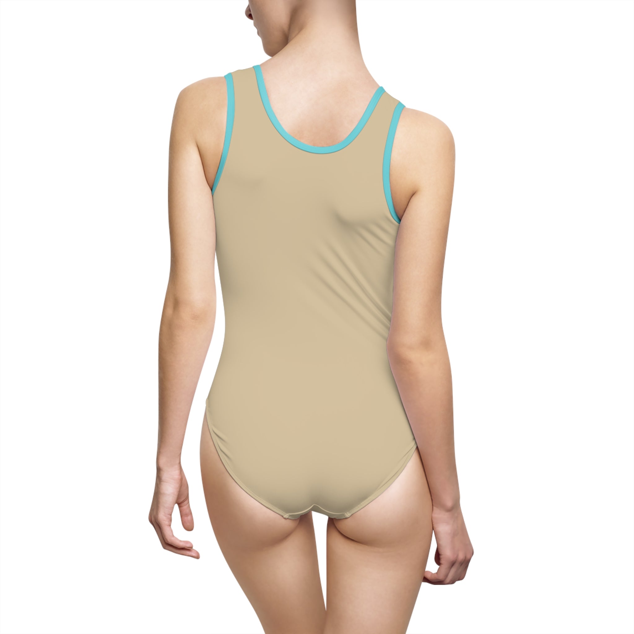 Women's sand Beige One-Piece Swimsuit — Minimalist Black Logo Athletic Swimwear