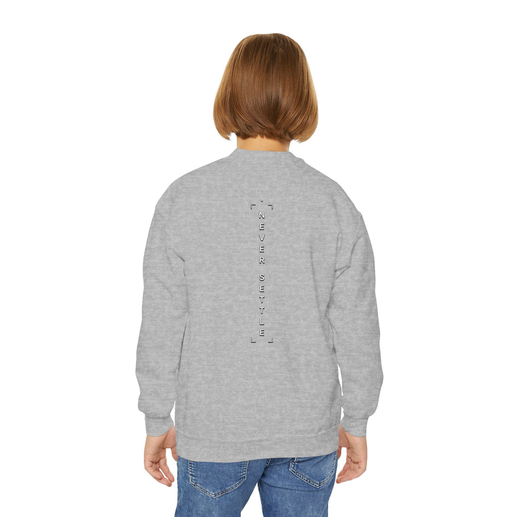 Youth Crewneck Sweatshirt — 'Never Settle' Graphic Sweatshirt