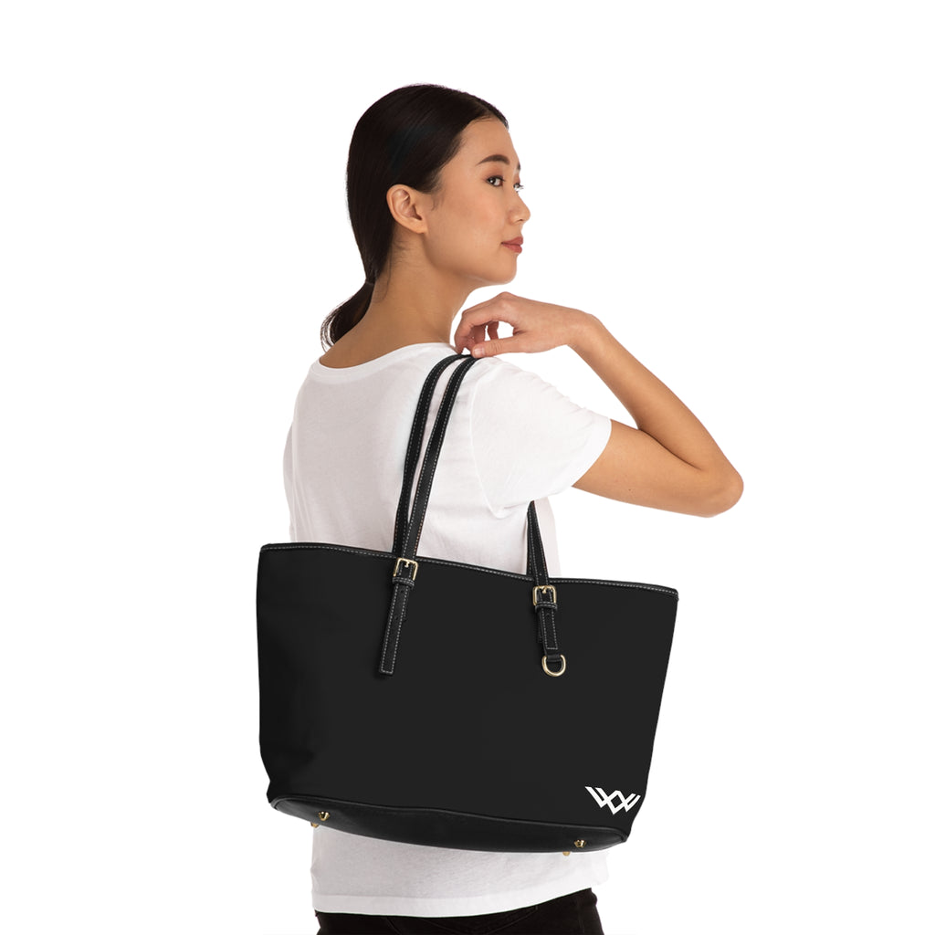 PU Leather Shoulder Bag — Black Tote with Minimal White Logo