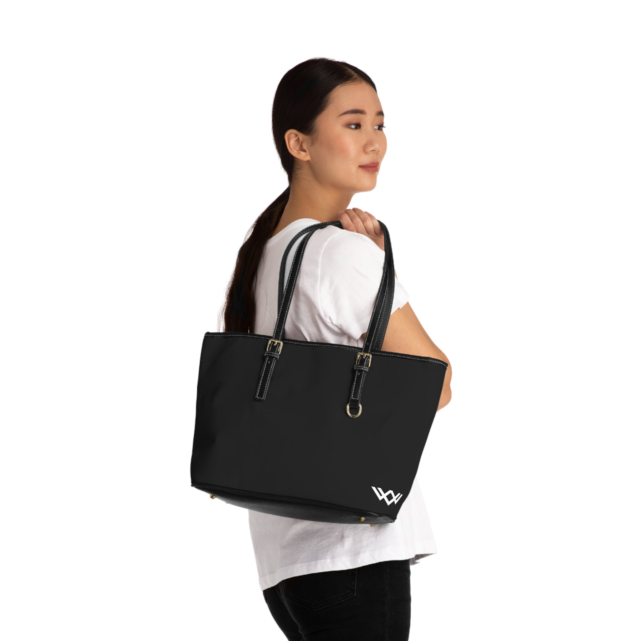 PU Leather Shoulder Bag — Black Tote with Minimal White Logo