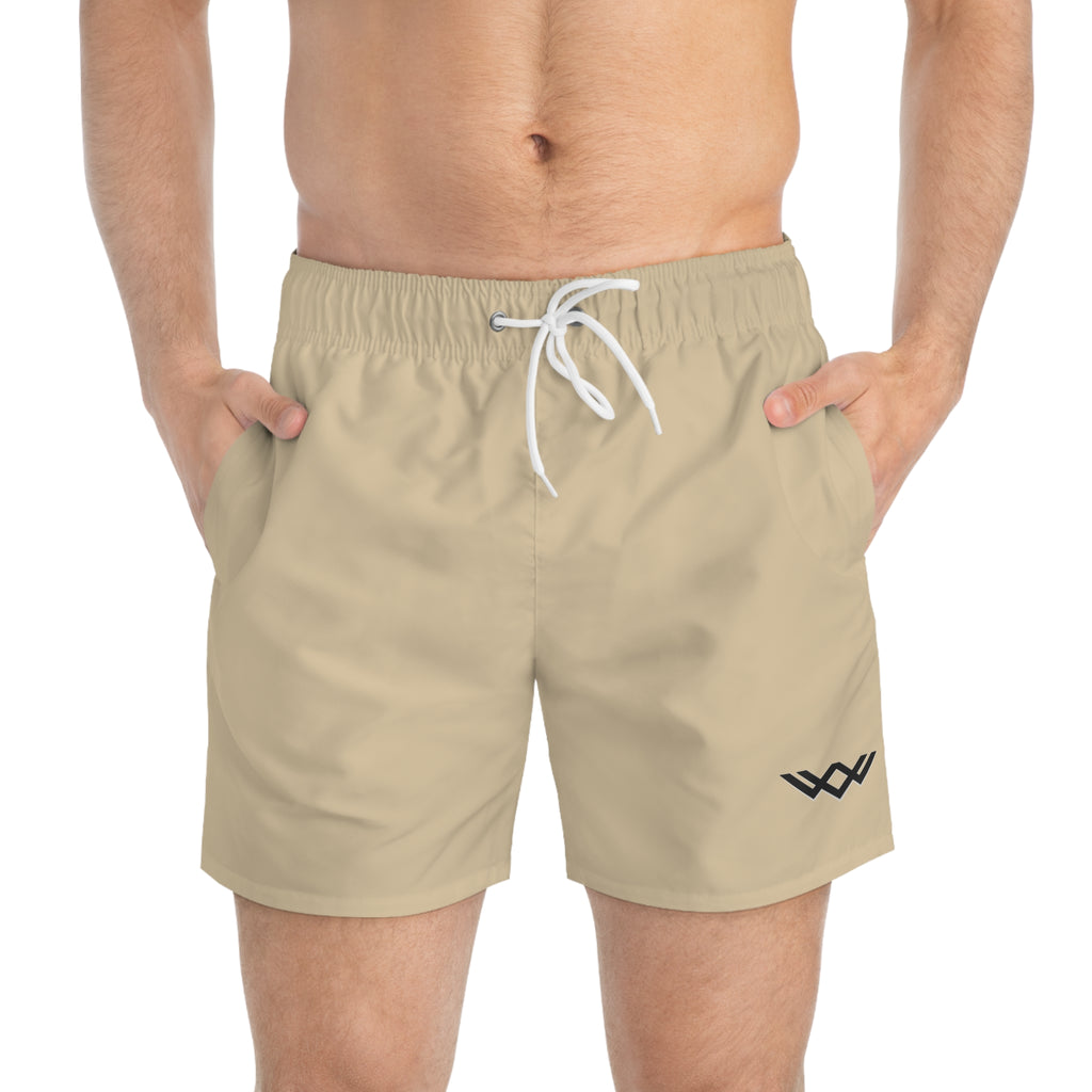Sand Beige Swim Trunks — Minimal Logo Men’s Swim Shorts