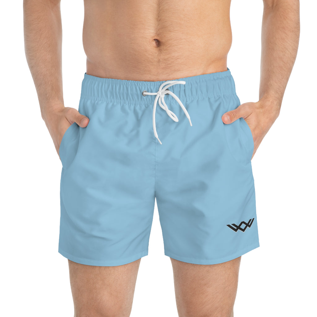 Sky Blue Swim Trunks — Minimal Logo Men’s Swim Shorts