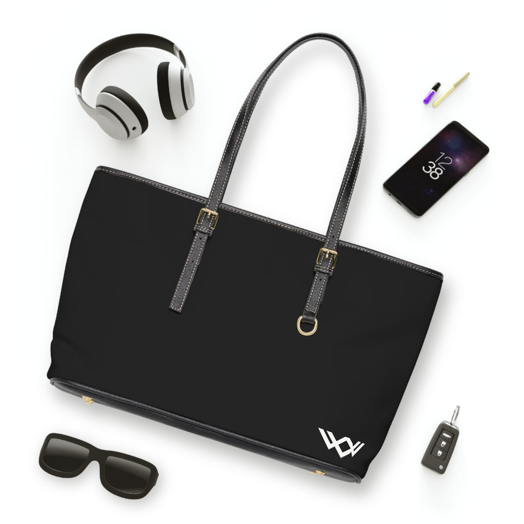 PU Leather Shoulder Bag — Black Tote with Minimal White Logo