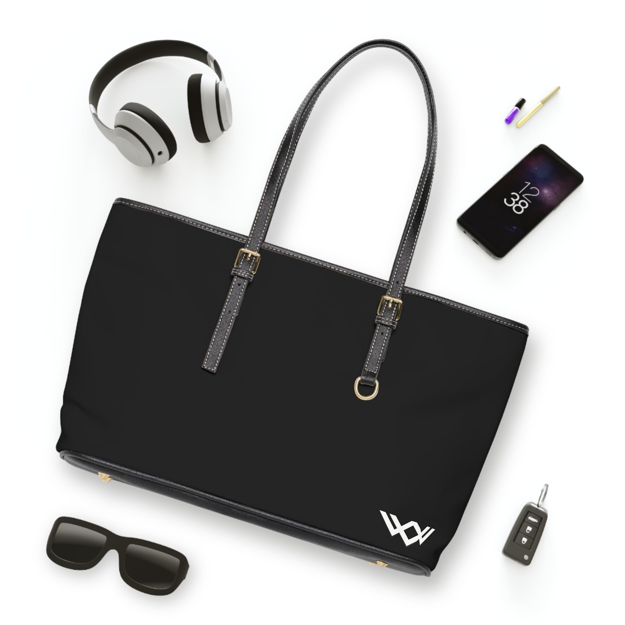 PU Leather Shoulder Bag — Black Tote with Minimal White Logo