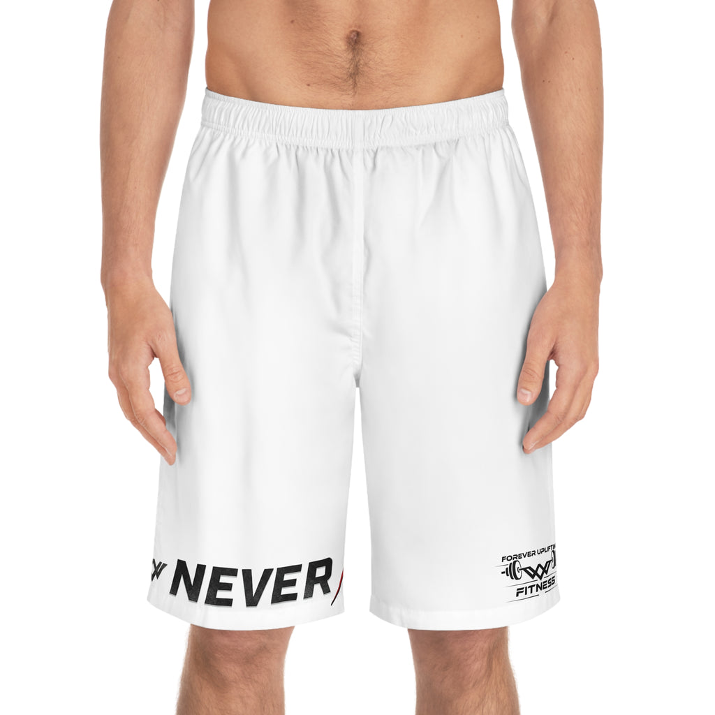 Men's 'Never Settle' Fitness Shorts | White | Athletic Swim Trunks