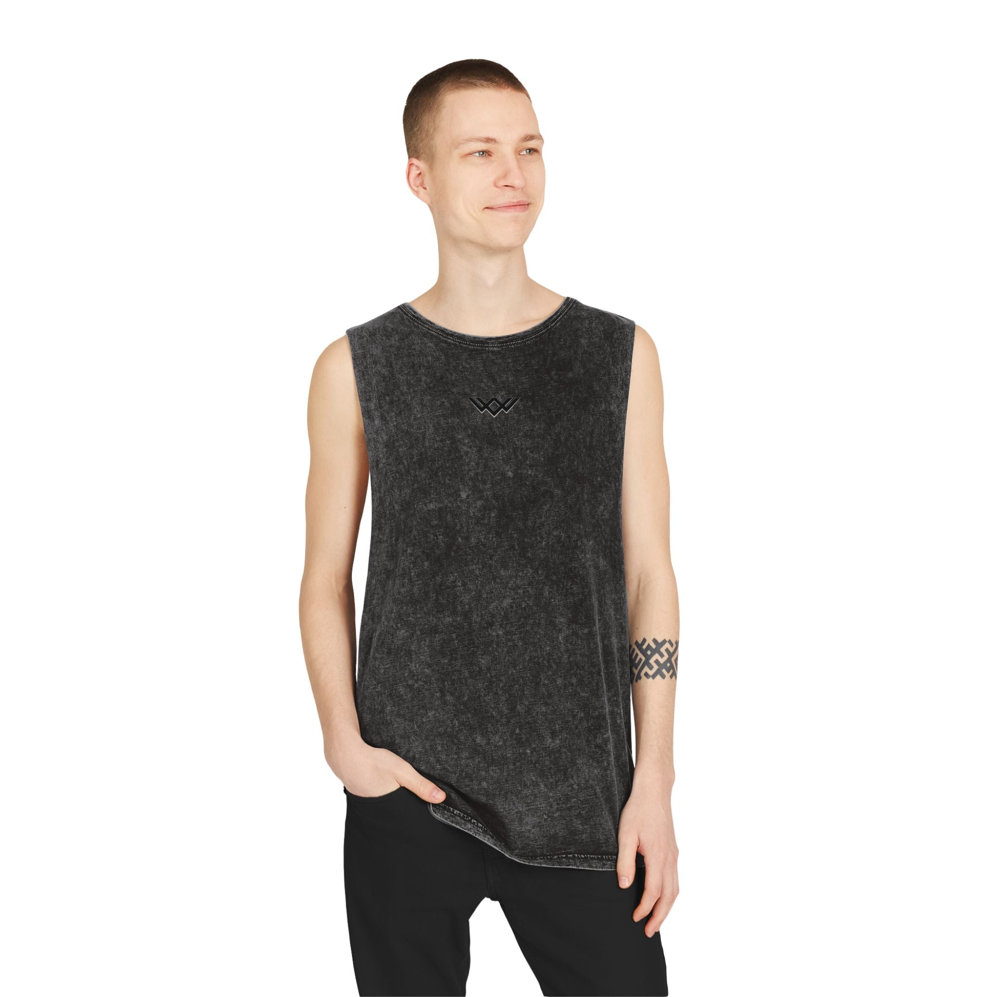Stonewash Muscle Tank Top — Minimalist Black Logo Sleeveless Shirt