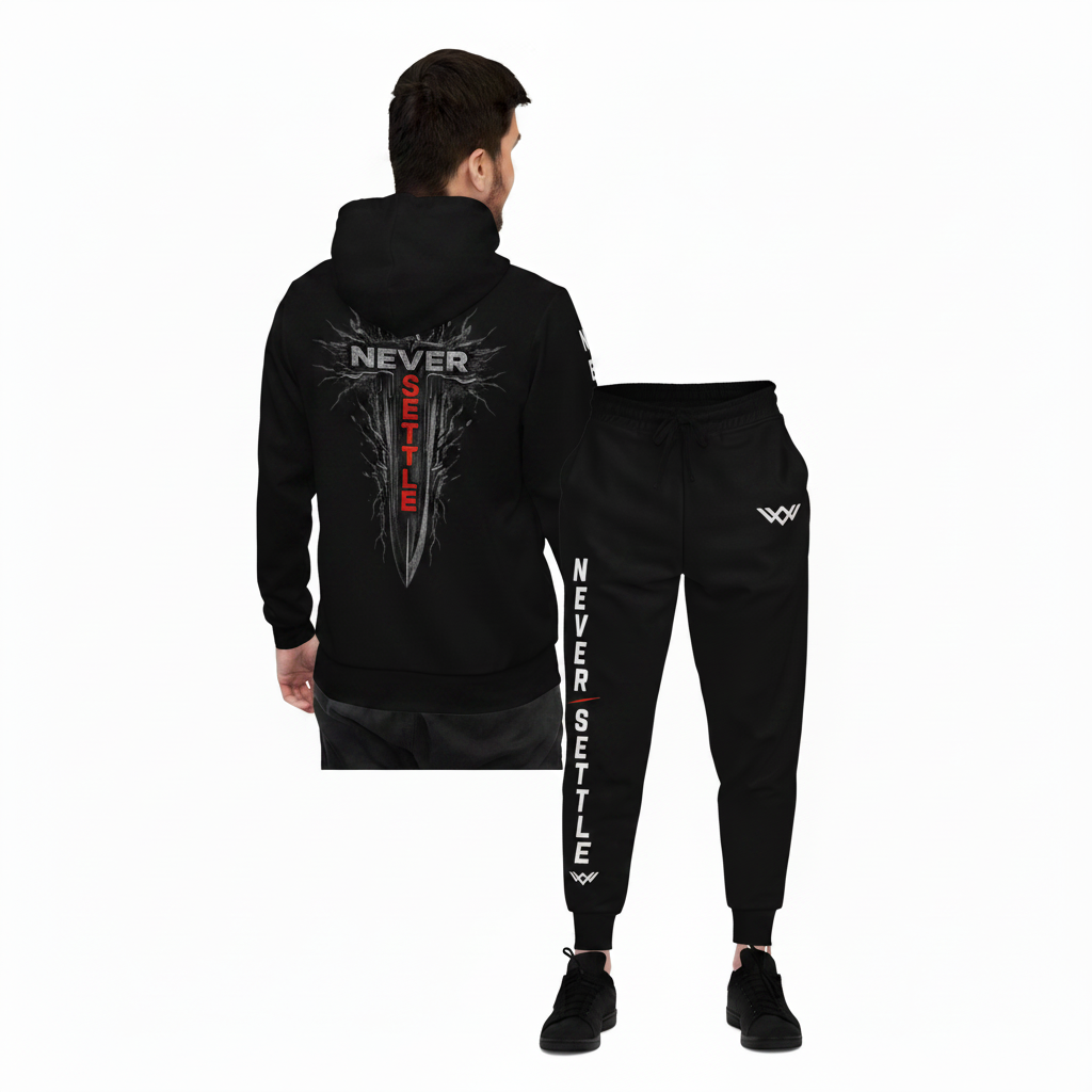 Never Settle™ Training Set | Black | Hoodie + Joggers | Forever Uplifting Fitness