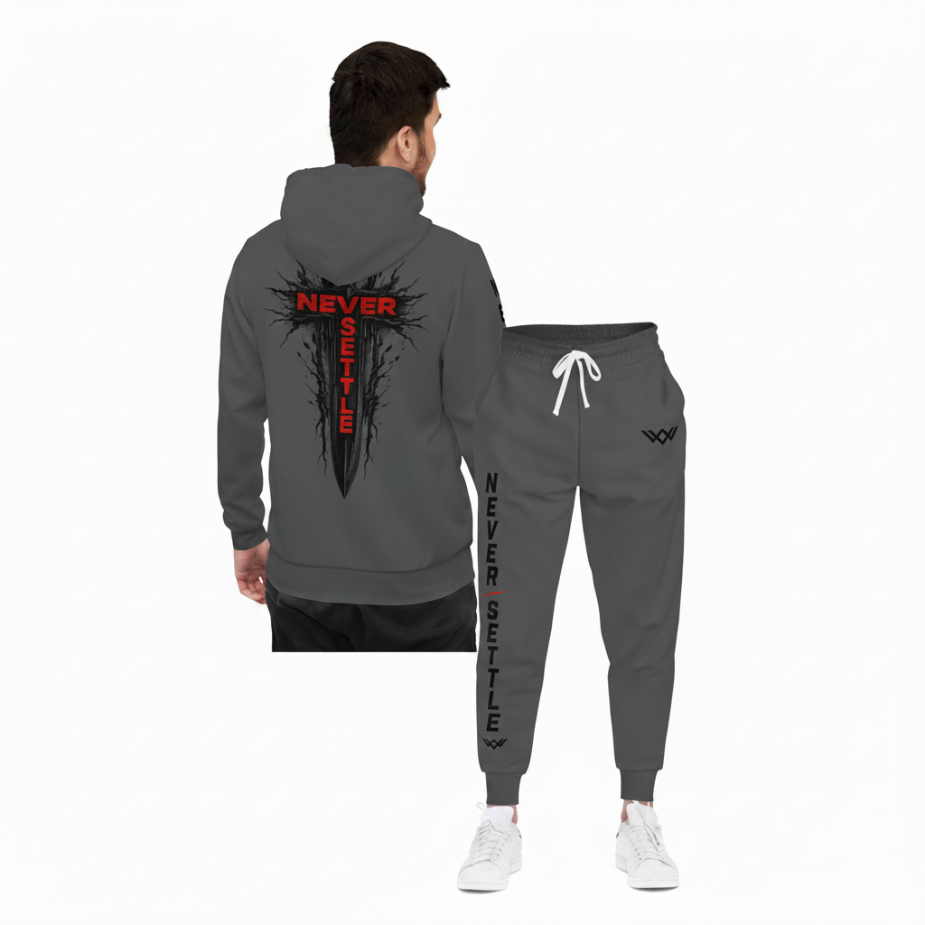 Never Settle™ Training Set | Athletic grey Hoodie + Joggers | Forever Uplifting Fitness